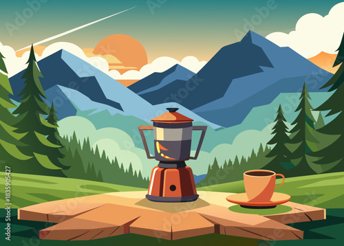 small camping stove brewing coffee at mountain view 