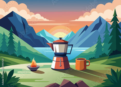 small camping stove brewing coffee at mountain view 