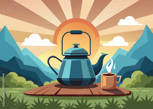 tea kettle boiling on portable camping stove at mountain