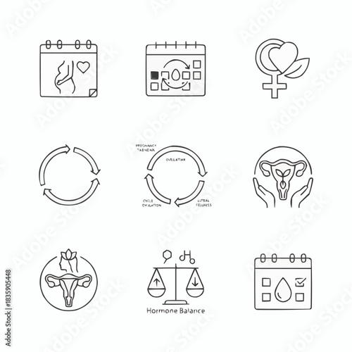 Icons depicting pregnancy, ovulation, and hormone balance in outline style