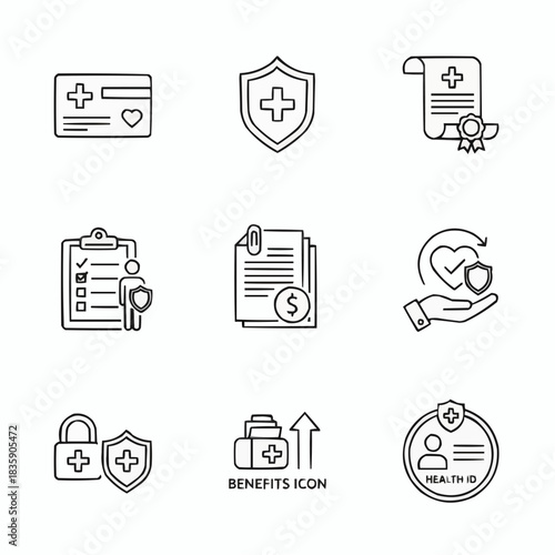 Collection of health insurance and benefits related line art icons set