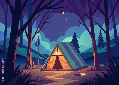 Tent glowing from inside , cinematic forest light at dusk