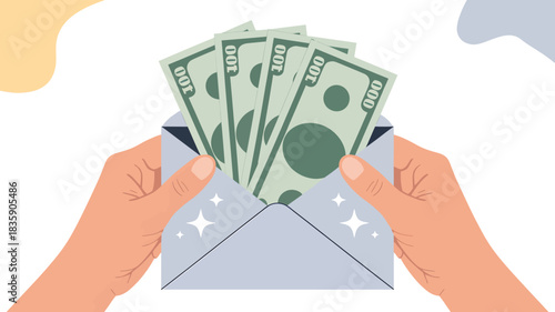 Hands holding an envelope full of money vector illustration depicting financial success bonus or salary isolated on white background
