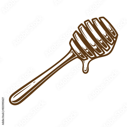 Hand drawn sketch style illustration of honey dipper with dripping honey on white background