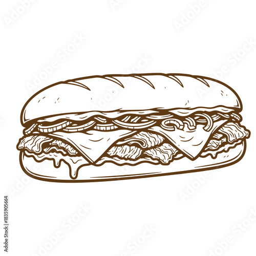 Hand drawn sketch style illustration of a delicious sub sandwich with cheese and onions