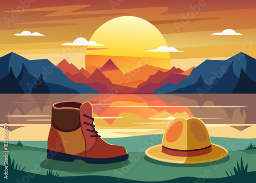 traveler boots and hat beside a calm lake with golden sunset