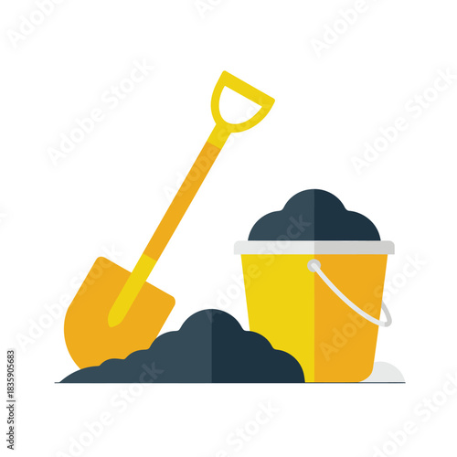 Shovel and bucket with sand flat vector illustration for kids isolated on white background