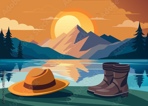 traveler boots and hat beside a calm lake with golden sunset