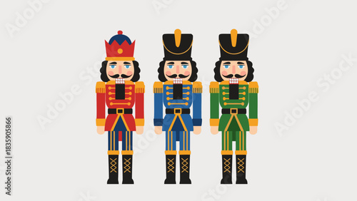 Three festive nutcracker soldier illustrations in red, blue, and green uniforms against a neutral background
