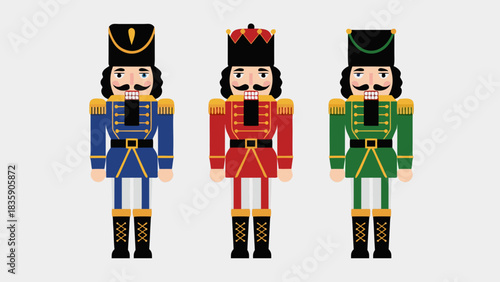 Three Nutcrackers in Uniforms with Hats on White Background, A Classic Holiday Decoration