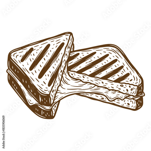 Two delicious grilled cheese sandwiches isolated on a white background sketch vintage