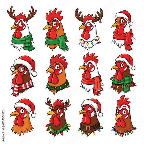 A festive collection of cartoon rooster heads decorated for Christmas with hats, scarves, and lights, a vector illustration set