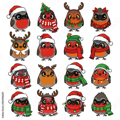 A collection of cute cartoon robin birds wearing festive Christmas hats, scarves, and reindeer antlers. Vector illustration set for the holidays