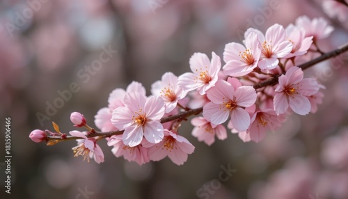 A close-up view of delicate pink cherry blossoms on a branch, showcasing their beauty against a softly blurred background.