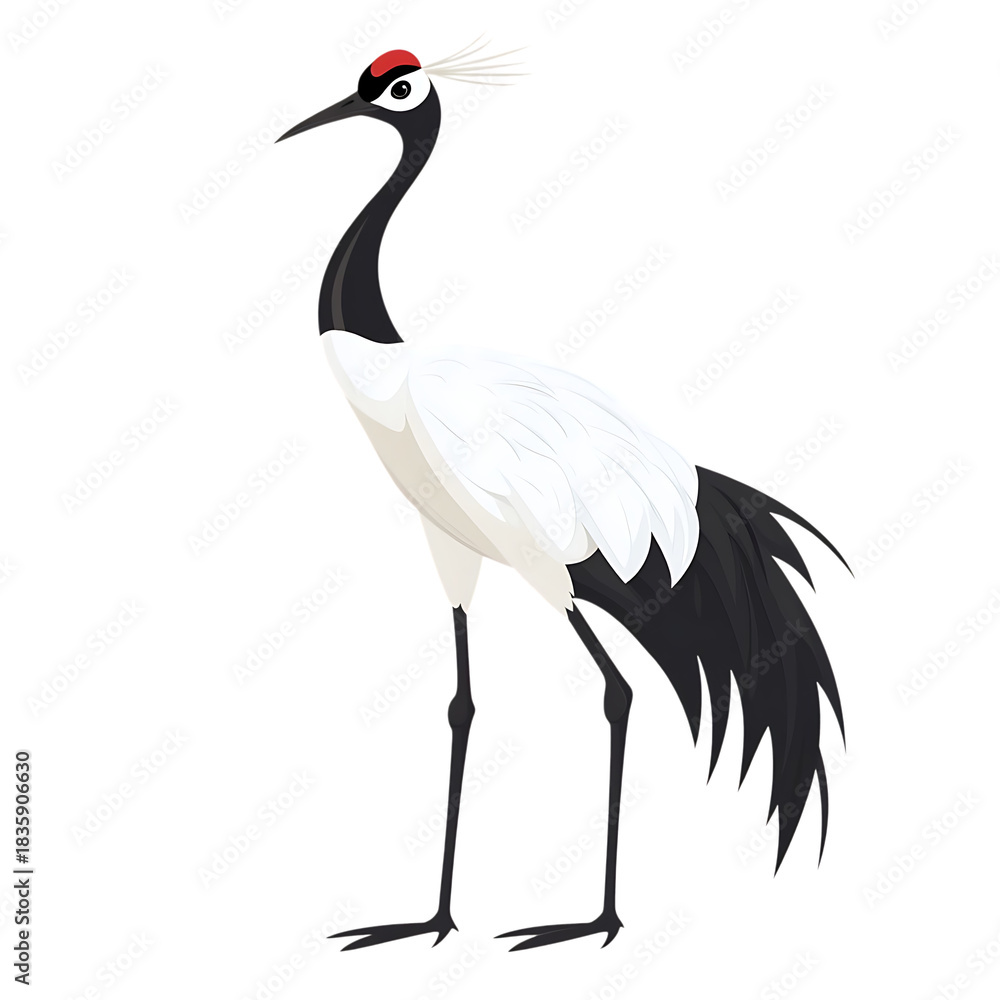 Fototapeta premium Elegant black crowned crane with red crest standing tall isolated on transparent background