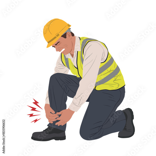 Construction worker with ankle injury vector illustration of a man holding his painful foot isolated on white background
