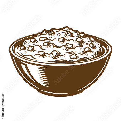 Vintage sketch illustration of delicious oatmeal porridge in a brown ceramic bowl