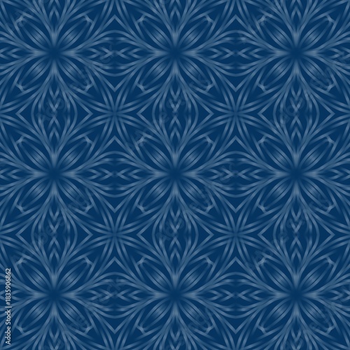 This is a seamless ornamental pattern featuring abstract floral elements created from light blue curved lines on a dark blue background. The pattern has a symmetrical and repetitive arrangement.