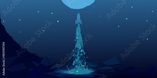 Rocket launching into space with abstract water and starry sky