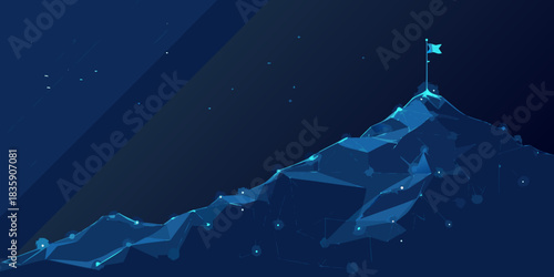 Abstract mountain with flag on top in dark blue tones