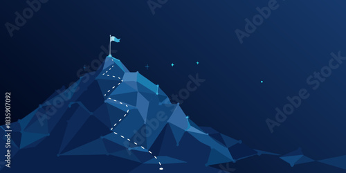Low poly mountain with flag and dotted path to top