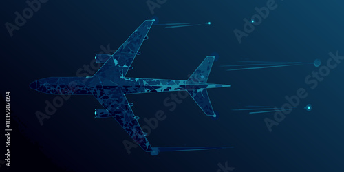 Abstract airplane silhouette with flares on dark blue background