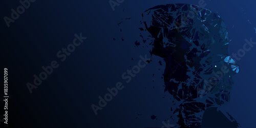 Abstract broken human head silhouette in dark blue tones with copy space