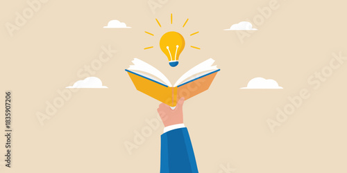 Book with lightbulb above held by hand representing learning and ideas