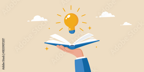 Book of knowledge hand holding open book with lightbulb idea