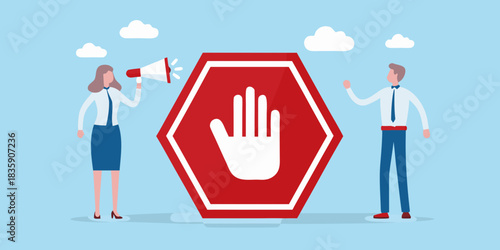 Stop sign with people and megaphone on light blue background