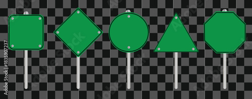 Set of five blank green traffic signs in various shapes on post
