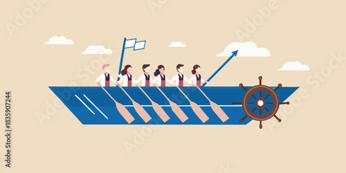 Teamwork and leadership concept people rowing boat together to achieve success