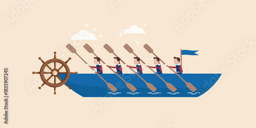 Teamwork and leadership concept with rowers in a boat and steering wheel