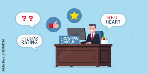 Customer feedback analysis businessman analyzing customer sentiment with emojis and ratings at desk
