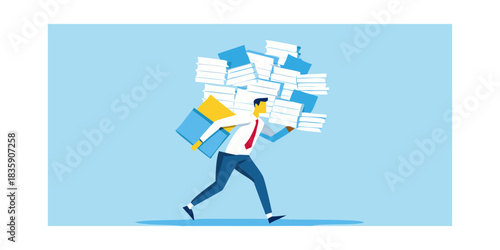 Overworked businessman carrying heavy load of documents and files illustration