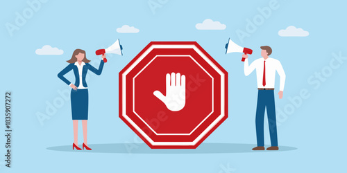 Stop the spread campaign with business people and a stop sign