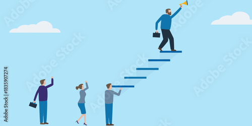 Business leadership man with megaphone climbing stairs to success with team support