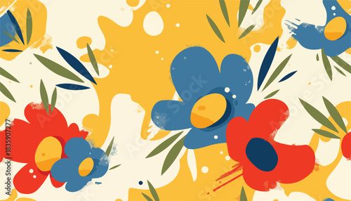 활기찬 노란색 배경 위로 파란색과 빨간색 꽃들이 자유롭게 흩뿌려진 추상적인 벡터 플로럴 패턴 디자인으로, 생동감 넘치는 봄과 여름 분위기를 연출합니다.