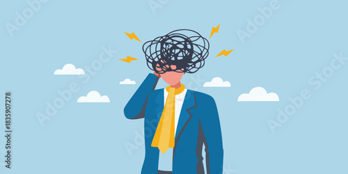Overwhelmed businessman with tangled thoughts and stressful lightning bolts in a blue sky