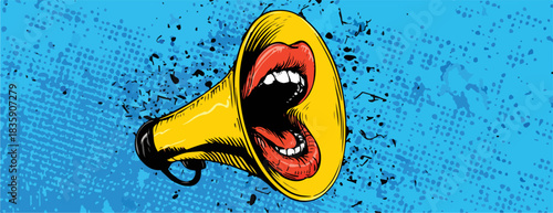 강력한 소통과 시위의 상징으로, 파란색 질감 배경에 크게 벌린 입을 가진 노란색 확성기가 그려진 벡터 일러스트레이션.