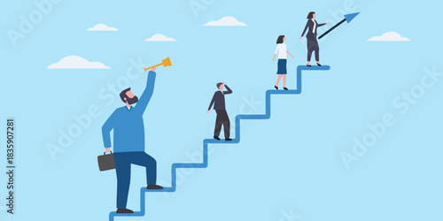 Business team climbing stairs to success with leadership and vision