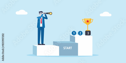 Businessman with spyglass on podium looking at trophy for business success