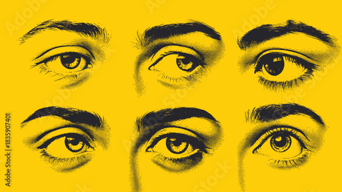 Collection of expressive eye drawings various eye expressions in black and white artistic illustration on yellow background