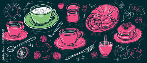 아침 식사 및 디저트 테마의 손으로 그린 벡터 일러스트레이션으로, 커피, 크루아상, 케이크 등 다양한 카페 메뉴가 매력적으로 표현되었습니다.