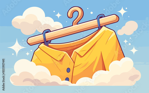 구름과 반짝이는 하늘 배경 속 노란 셔츠가 걸린 목재 옷걸이 벡터 일러스트레이션으로, 청결하고 신선한 의류 관리 개념을 표현합니다.