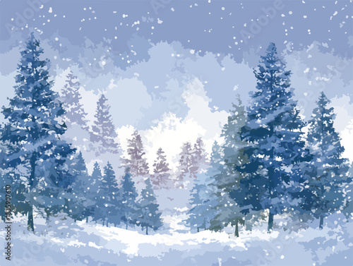 눈 내리는 겨울 숲 풍경 수채화 스타일 벡터 일러스트레이션으로 묘사된 고요한 침엽수림 배경