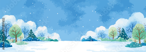 파란 하늘 아래 눈 덮인 겨울 숲과 나무들이 가득한 동화 같은 설경 벡터 배경 이미지입니다.