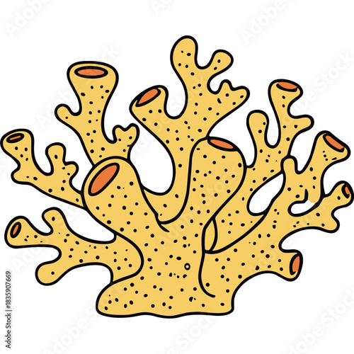Yellow coral branch with orange tips and black speckles illustrated on a black background isolated vector art