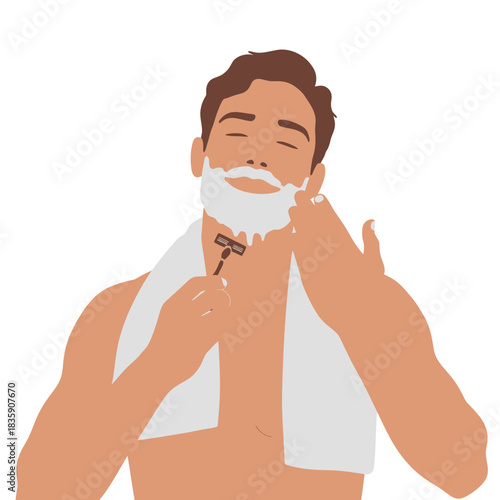 Man shaving his face with a razor applying shaving cream vector illustration isolated on white background