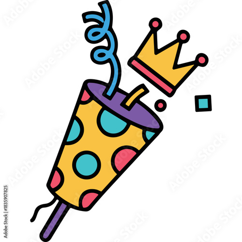 Yellow Party Popper With Blue Purple Pink Dots And Gold Crown Exploding With Confetti And Blue Streamer In Studio Lighting